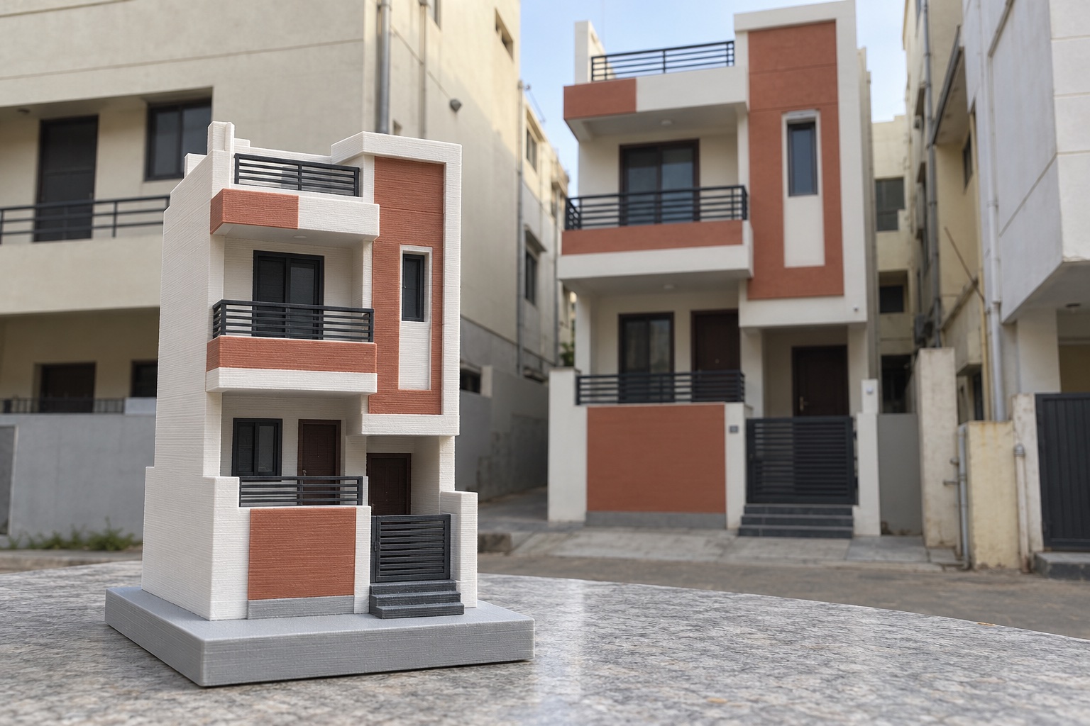 Miniature narrow row home with terracotta panels in front of its matching full-size home