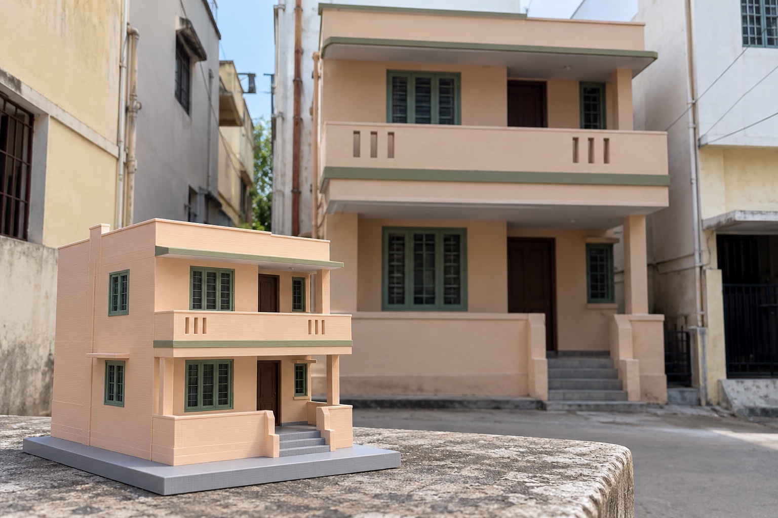 Miniature peach row home with sage windows in front of its matching full-size home