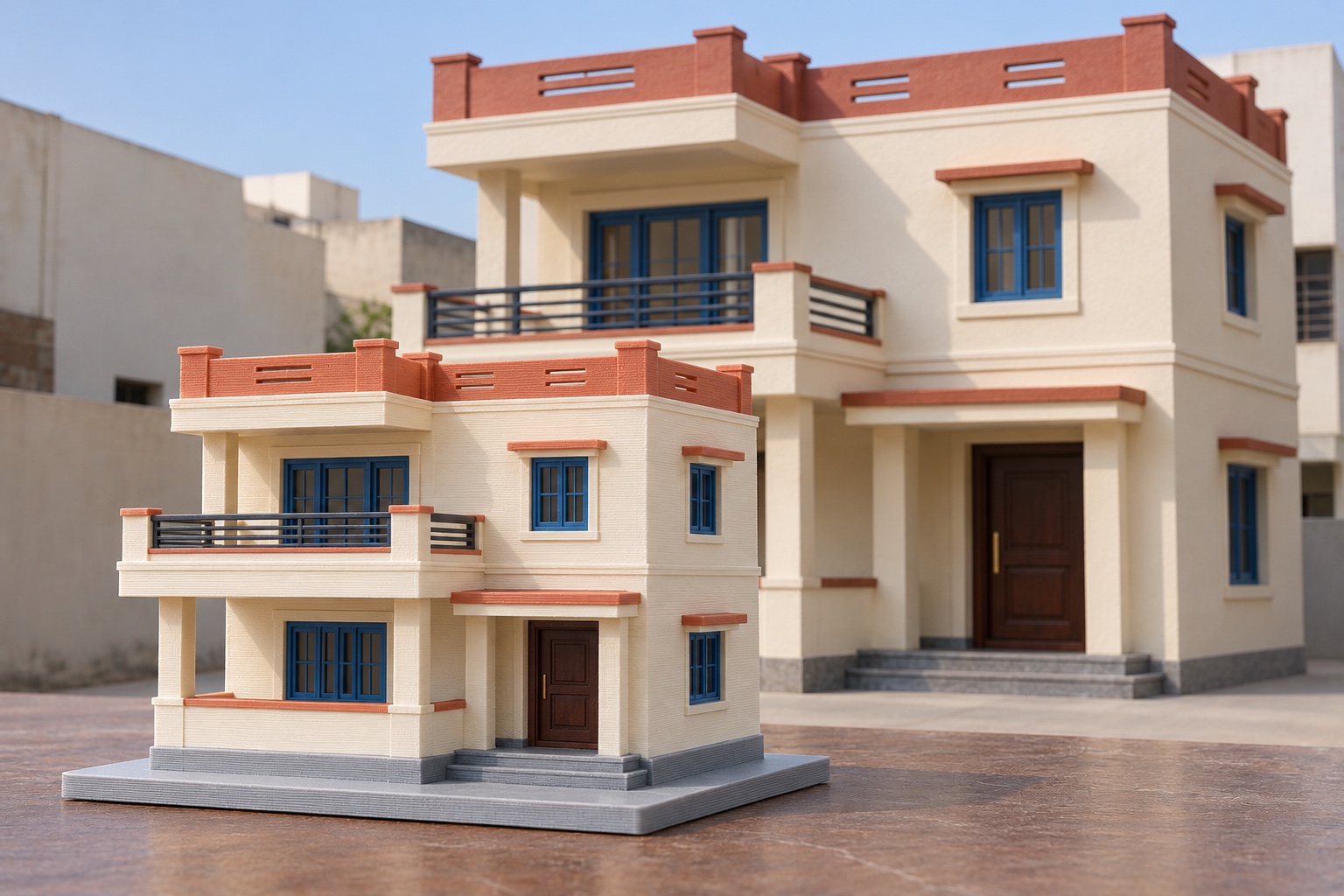 Miniature cream terrace home with blue windows in front of its matching full-size home
