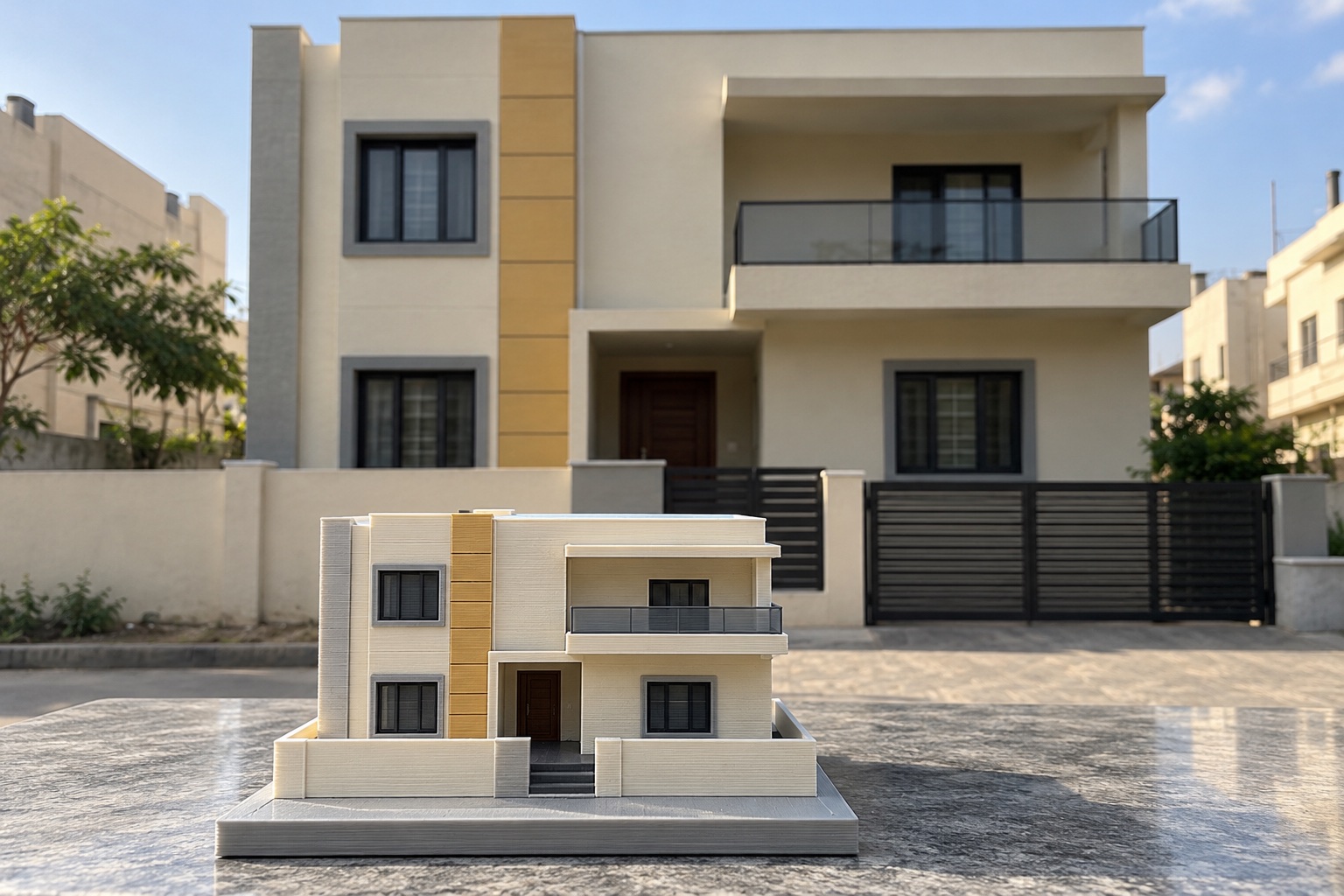 Miniature independent home with a mustard accent in front of its matching full-size home