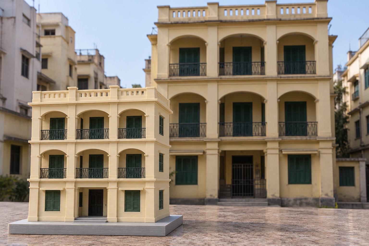 Miniature low-rise building with arched balconies in front of its matching full-size building