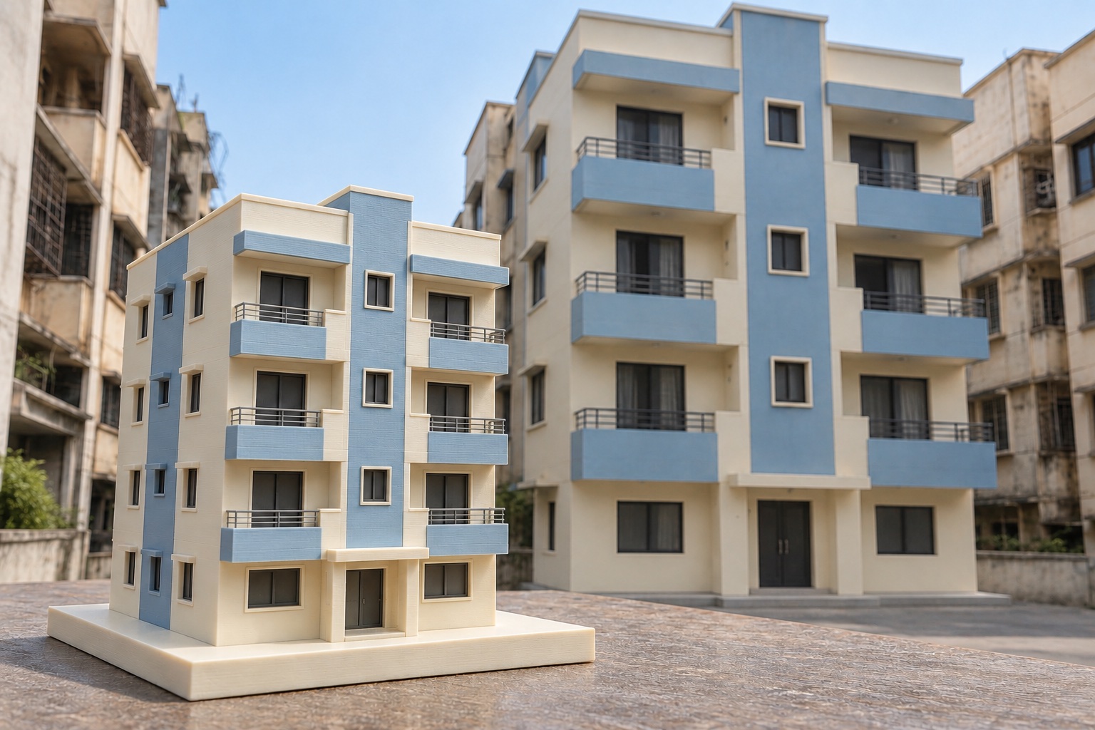 Miniature cream and blue low-rise apartment building in front of its matching building