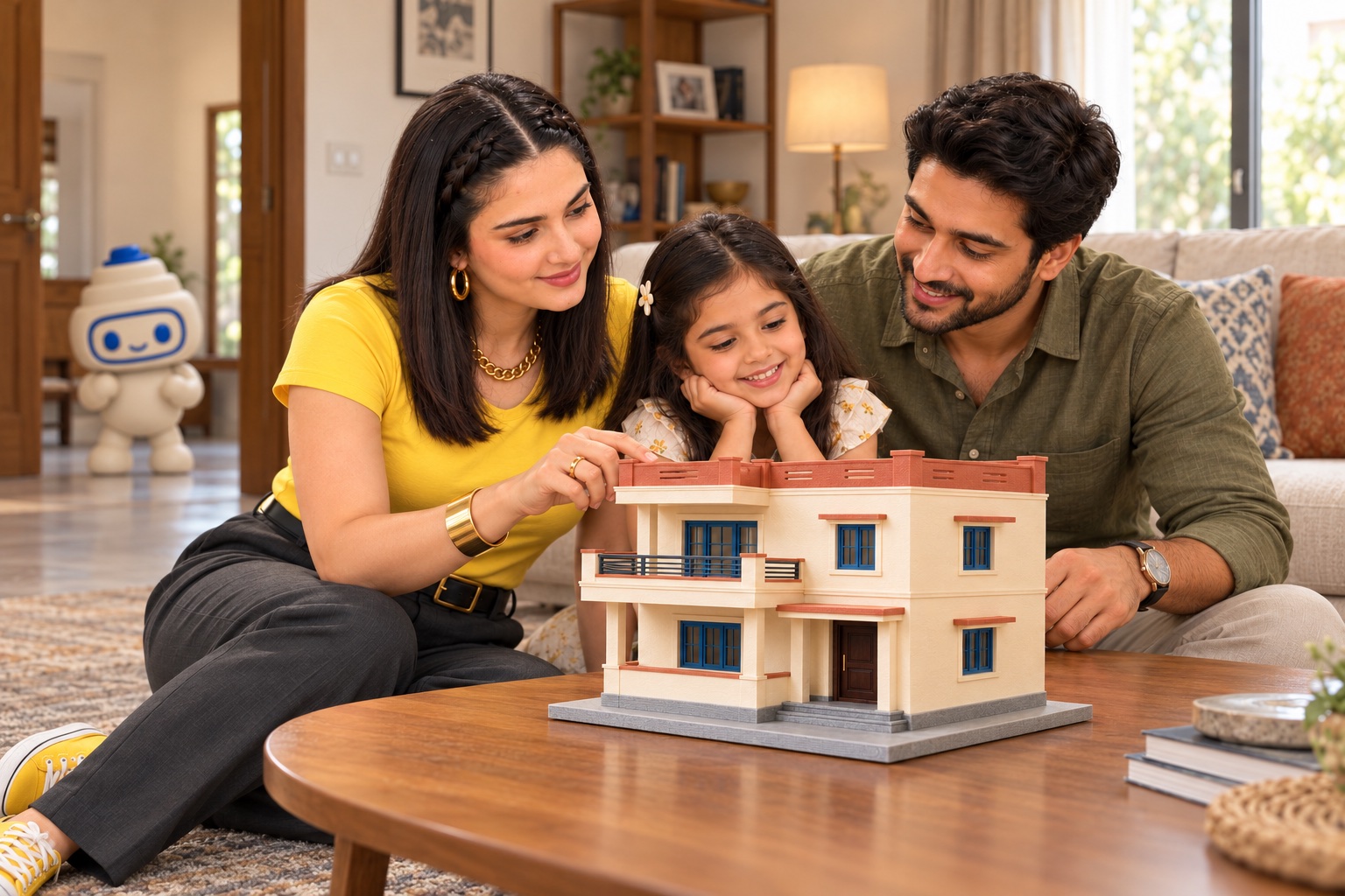 Shreya, her partner and daughter admiring their home miniature together, with the PrintMe3D mascot in the room