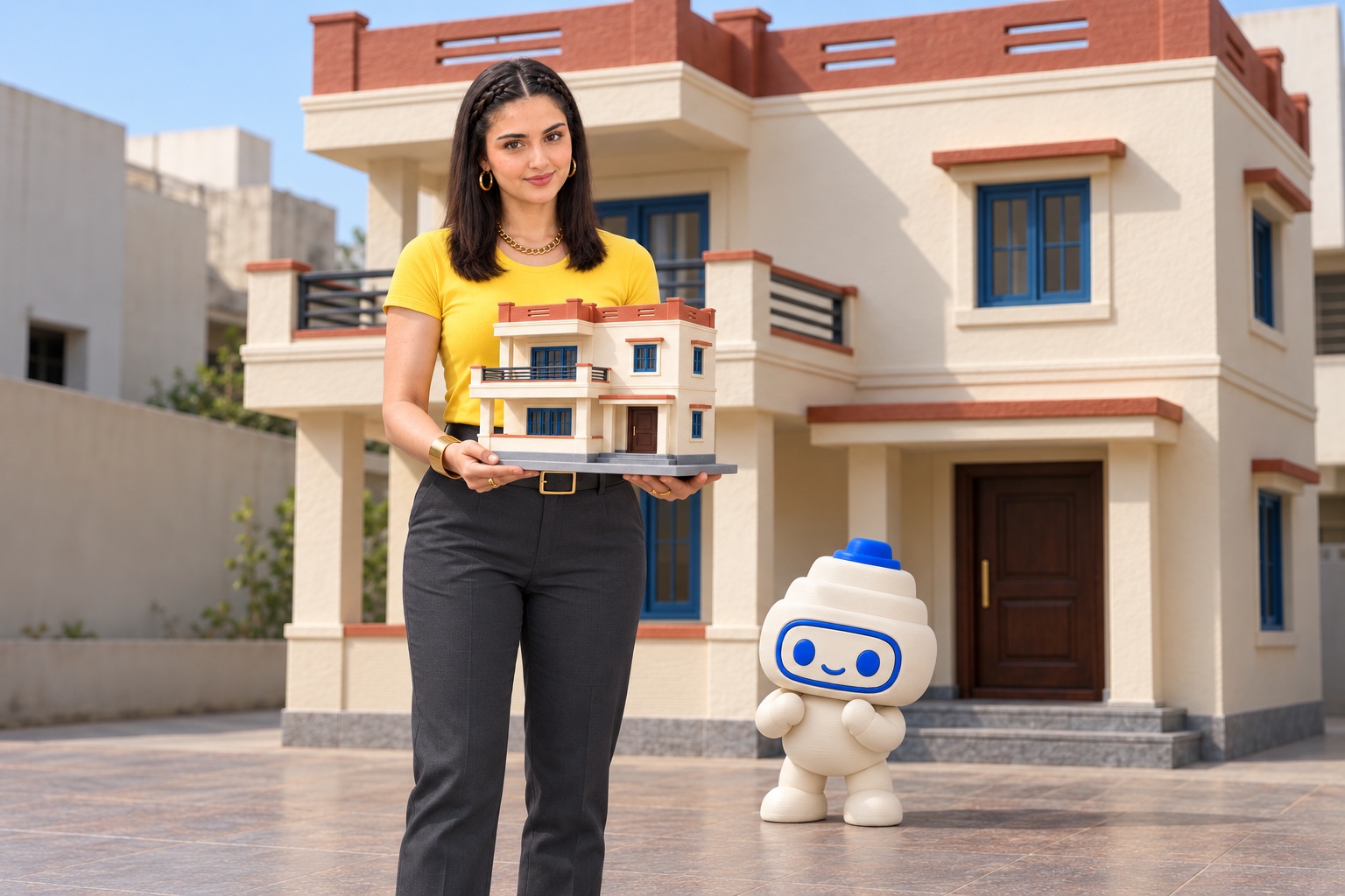 Shreya holding a miniature of the home behind her, with the PrintMe3D mascot beside the porch
