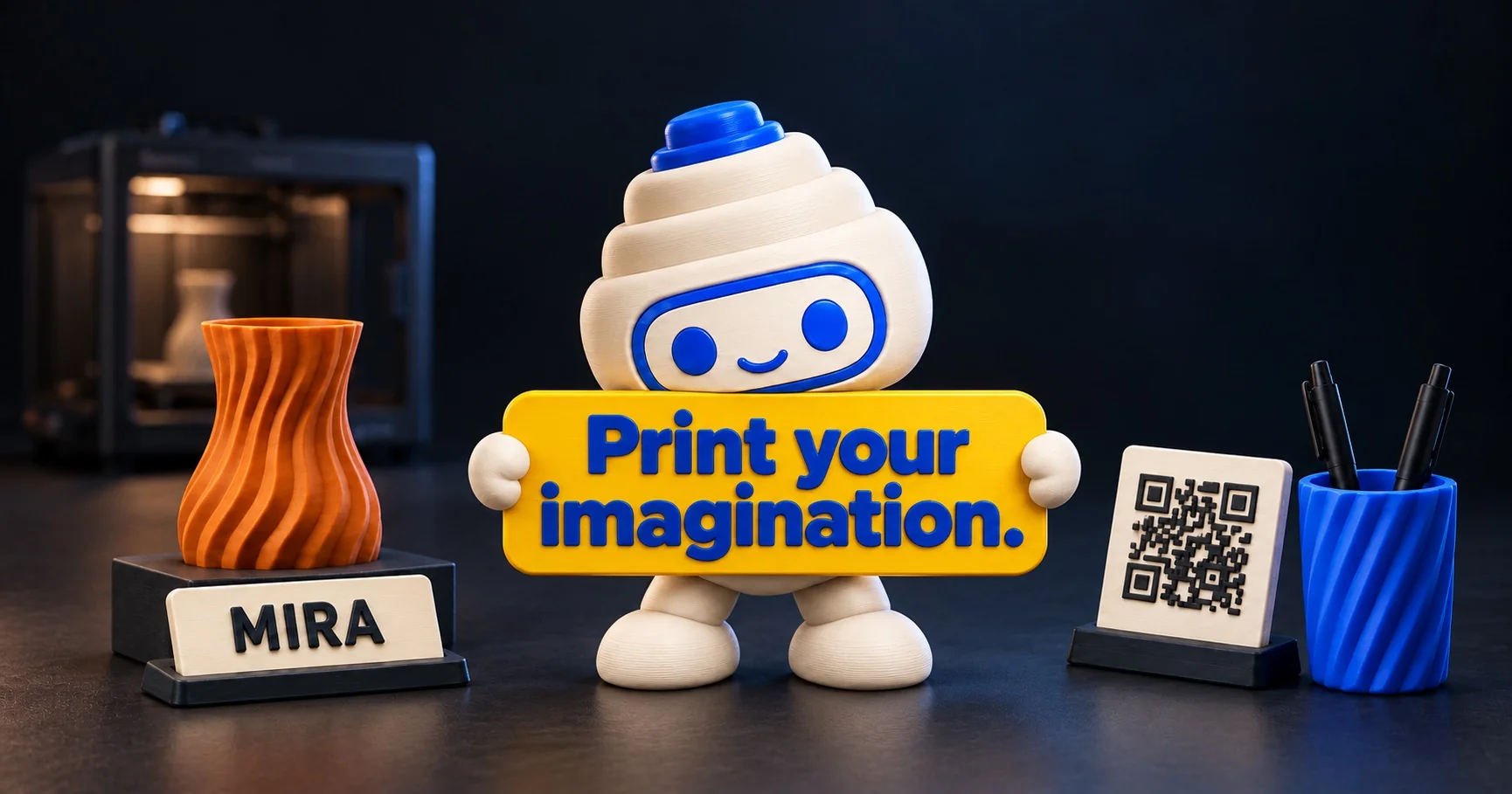 PrintMe3D mascot holding a Print your imagination sign alongside illustrative Studio designs