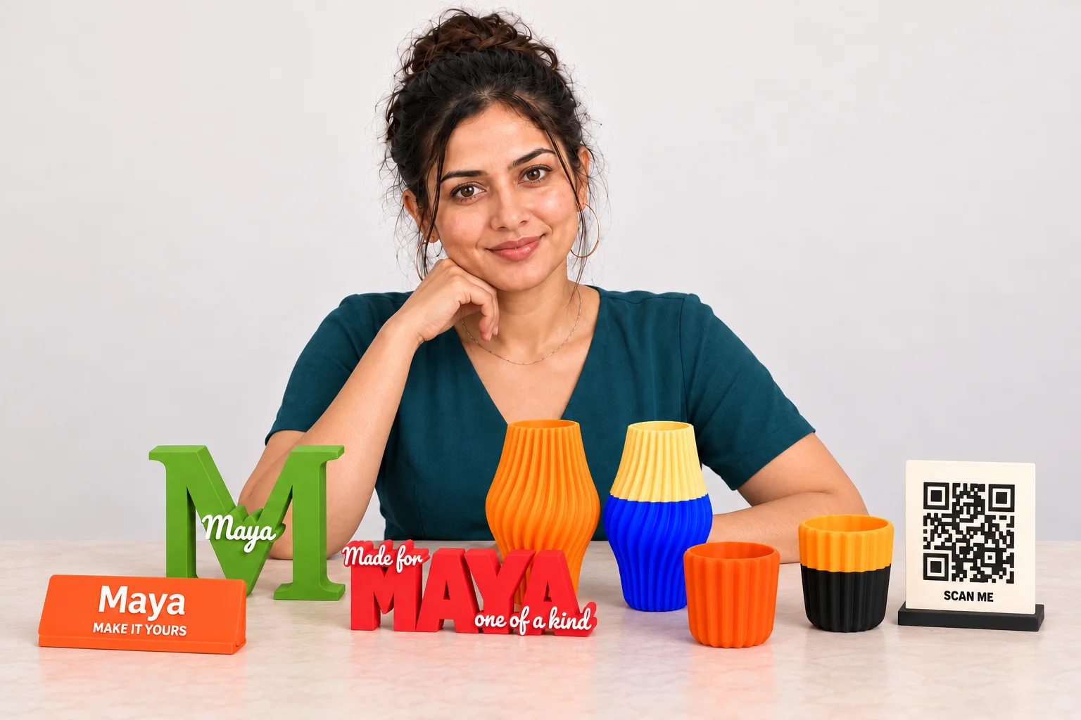 Maya presenting all eight Studio options: a nameplate, initial, dual text sign, single and two-colour vases and pen stands, and a QR stand.