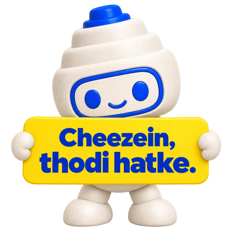 Cream and blue PrintMe3D mascot holding a yellow sign