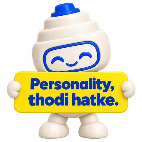 PrintMe3D mascot holding a yellow board: Personality, thodi hatke.
