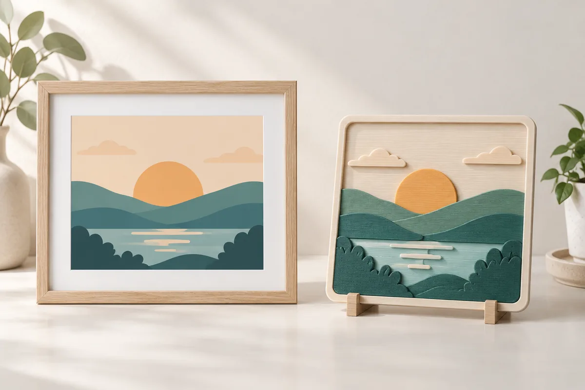 Illustration of a framed picture beside a 3D printed layered relief of the same scene