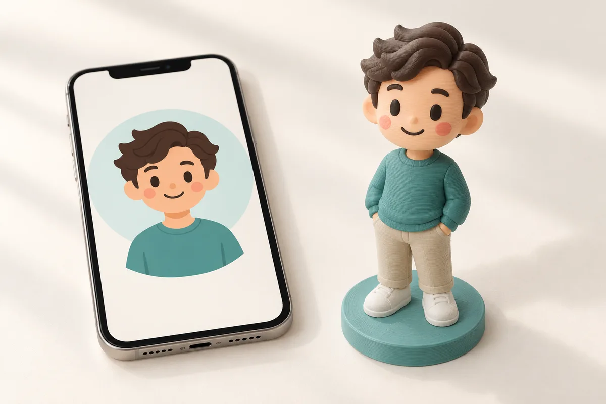 Illustration of a smartphone beside a small 3D printed figurine